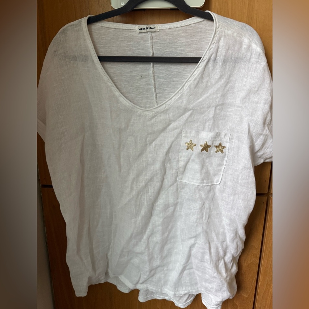 White Linen Women’s Short Sleeve Top with Gold Stars at Pocket - Size M/L